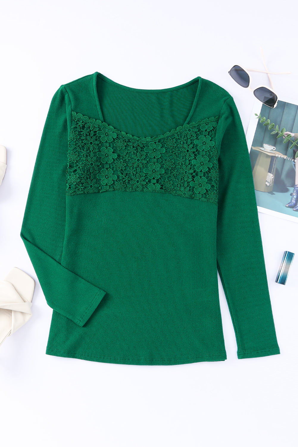 Green Lace Crochet V Neck Long Sleeve Top Long Sleeve Tops JT's Designer Fashion