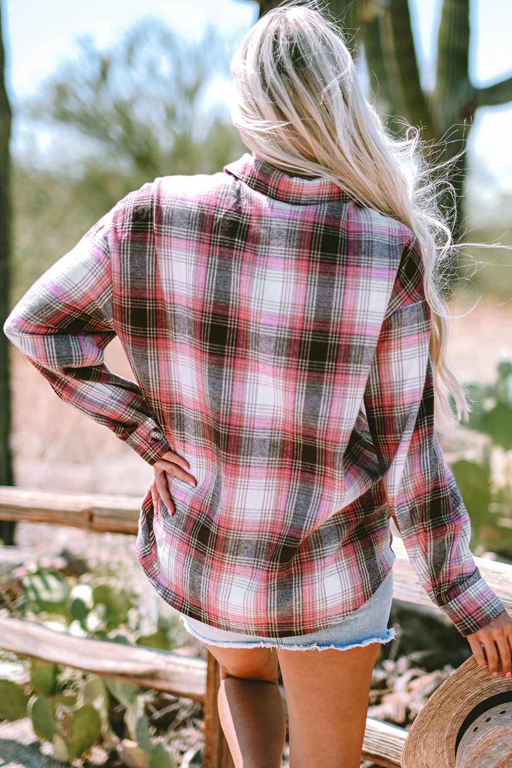 Pink Plaid Flap Pocket Button Up Shacket Plaid Shackets JT's Designer Fashion