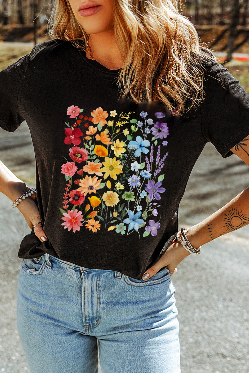 Black Beautiful Flower Print Cotton Blend Casual Tee Graphic Tees JT's Designer Fashion