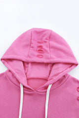 Pink Solid Ripped Hooded Sweatshirt with Kangaroo Pocket Sweatshirts & Hoodies JT's Designer Fashion