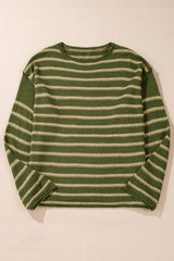 Green Stripe Drop Shoulder Casual Sweater Sweaters JT's Designer Fashion
