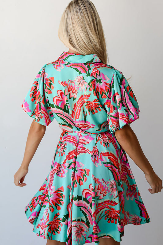Green Abstract Print Lace-up High Waist Buttoned Mini Dress Mini Dresses JT's Designer Fashion