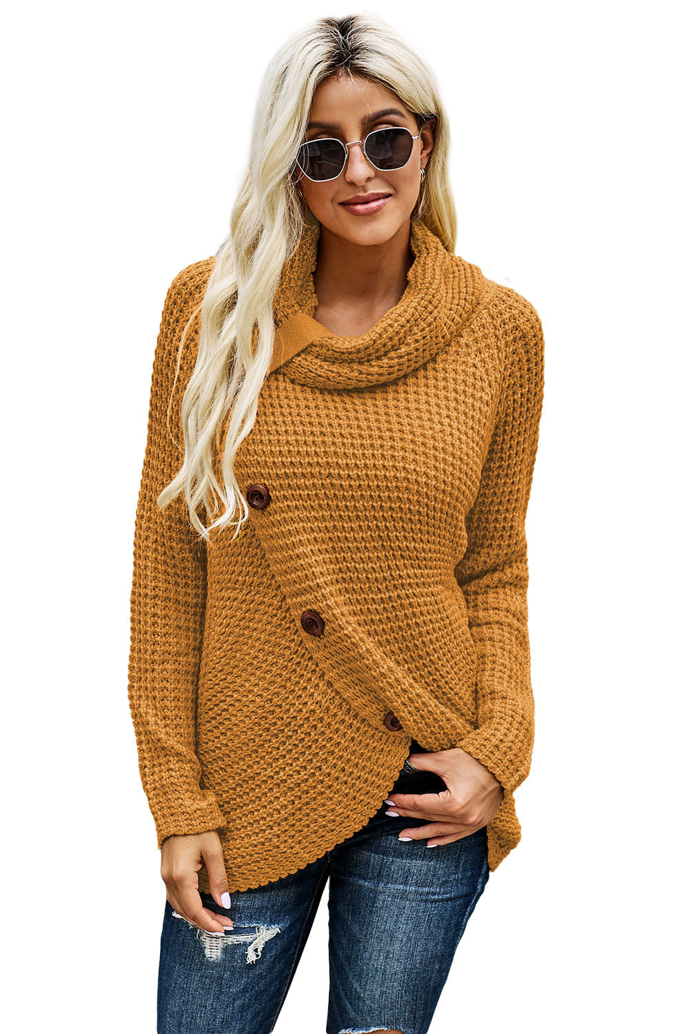Mustard Buttoned Wrap Turtleneck Sweater Sweaters & Cardigans JT's Designer Fashion