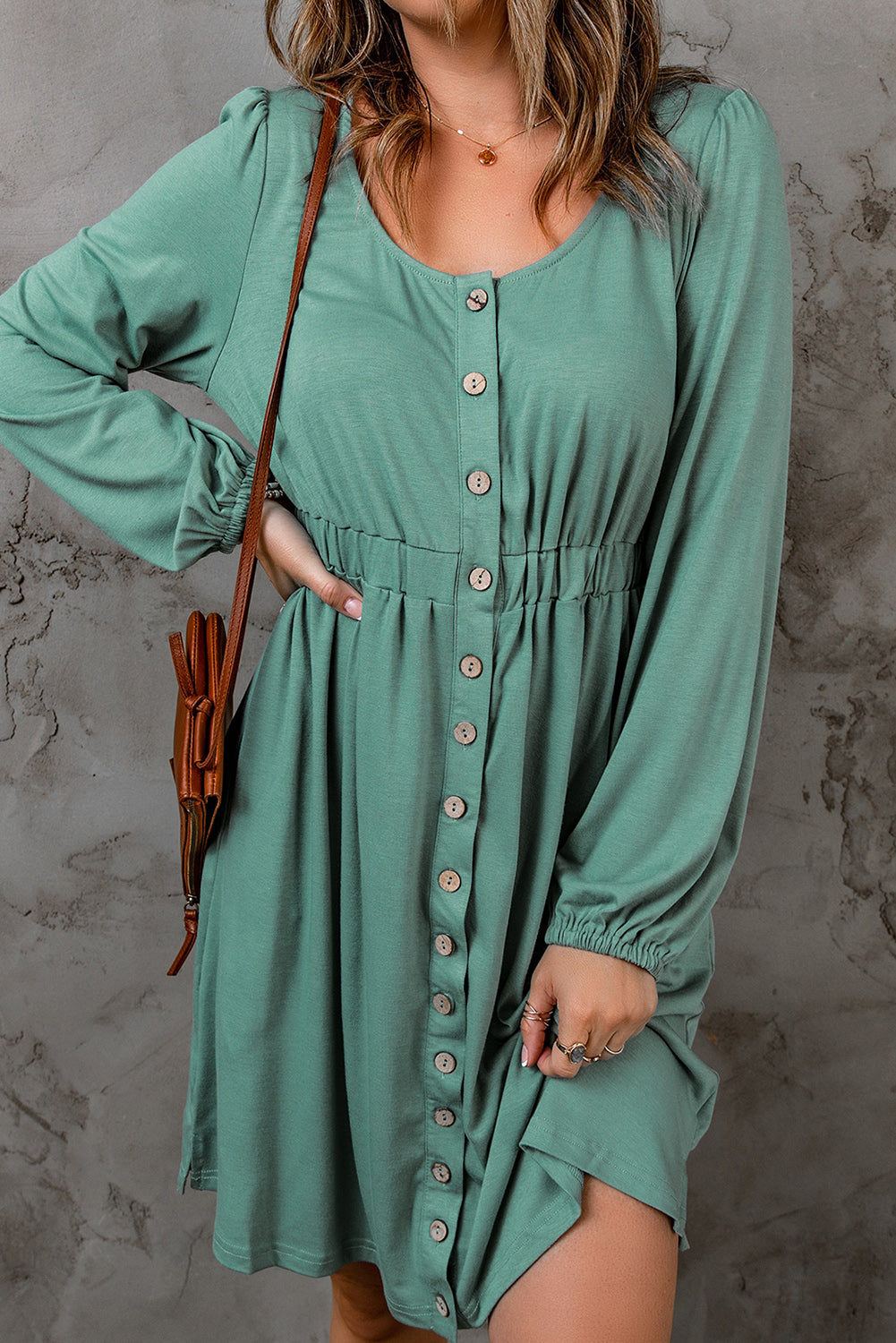 Green Button Up High Waist Long Sleeve Dress Midi Dresses JT's Designer Fashion