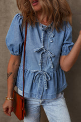 Dusk Blue Tied Front Bubble Sleeve Peplum Denim Shirt Blouses & Shirts JT's Designer Fashion