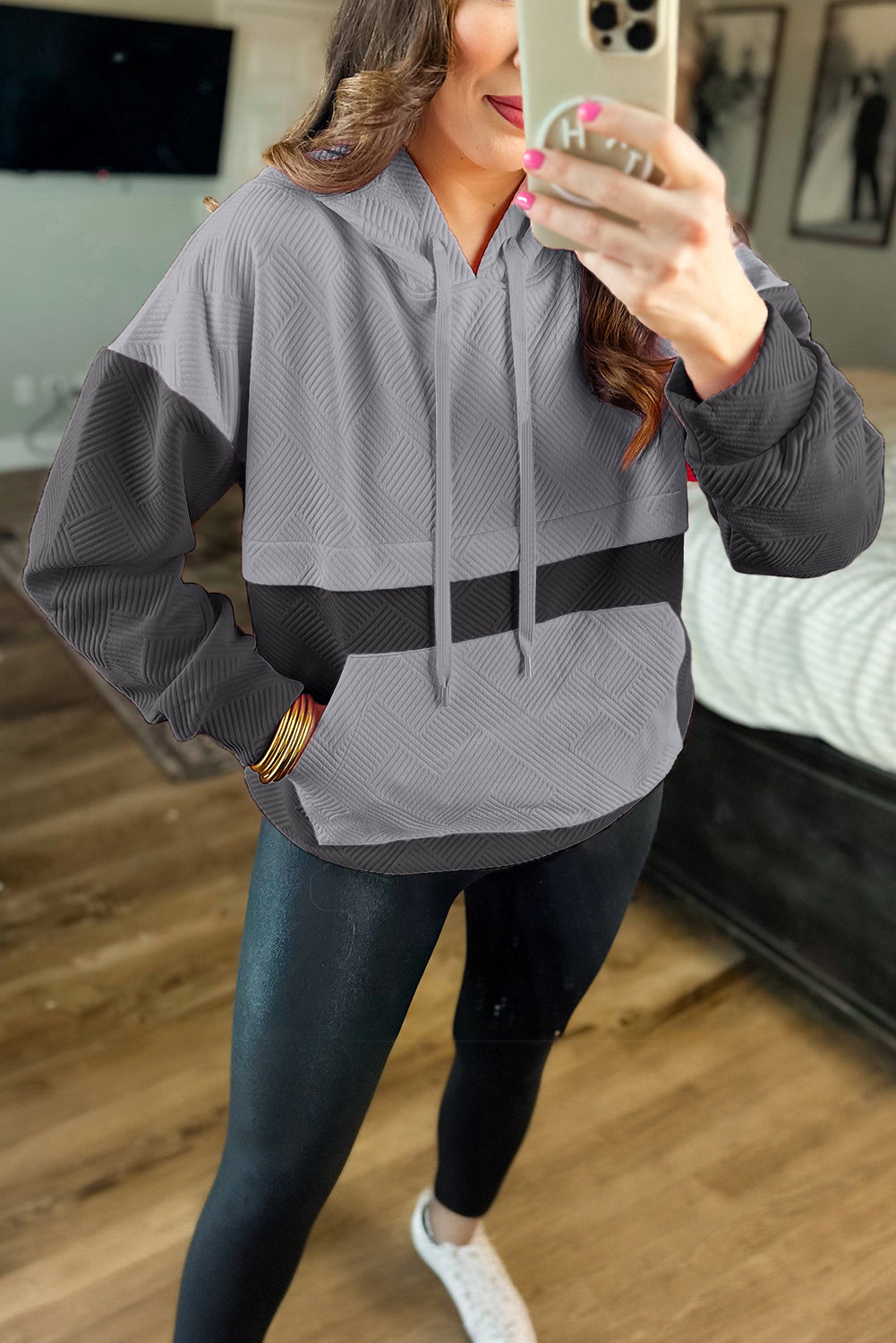 Gray Textured Color Block Kangaroo Pocket Drop Shoulder Hoodie Sweatshirts & Hoodies JT's Designer Fashion