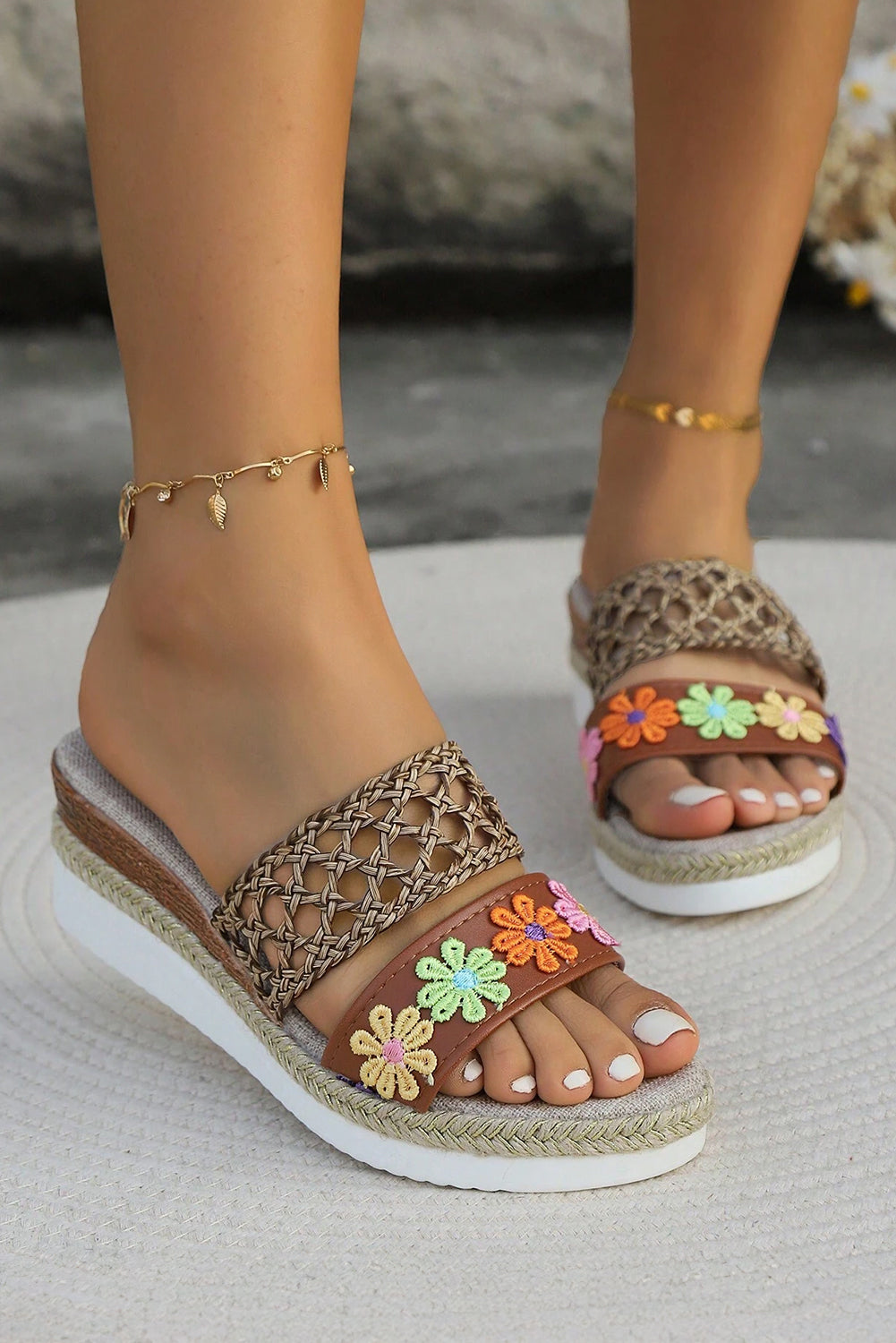 White Floral Print Braided Details Wedge Slippers Slippers JT's Designer Fashion