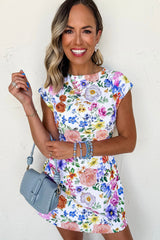 Sky Blue Vibrant Floral Print Cap Sleeve Mini Dress Floral Dresses JT's Designer Fashion