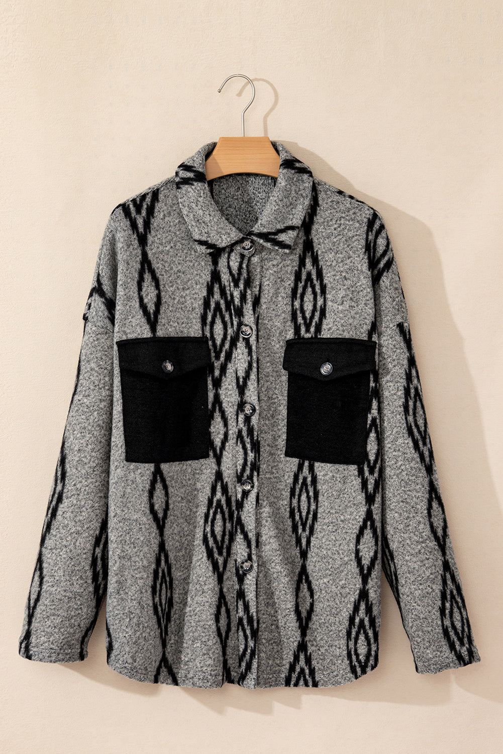 Gray Aztec Contrast Chest Pockets Loose Shacket Jackets JT's Designer Fashion