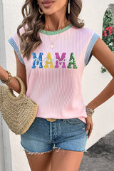 Pink Sequined MAMA Graphic Corded Rib Knit Colorblock T Shirt Graphic Tees JT's Designer Fashion