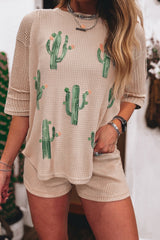 Light French Beige Cactus Forest Waffle Half Sleeve Tee Short Set Light French Beige 100%Polyester Short Sets JT's Designer Fashion