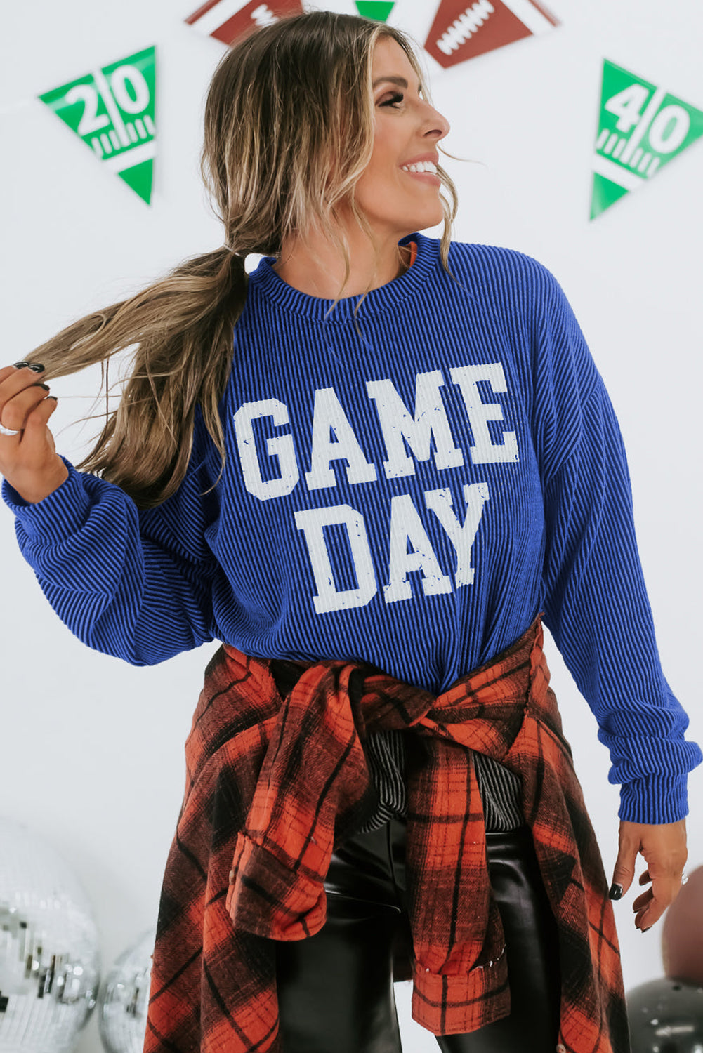 Bluing Corded GAME DAY Graphic Long Sleeve Crewneck Top Long Sleeve Tops JT's Designer Fashion