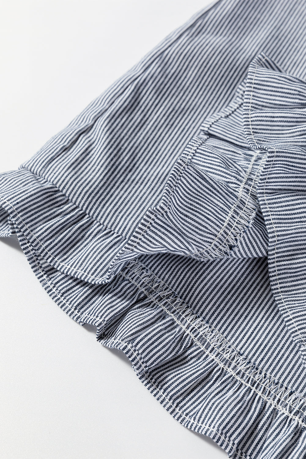 Blue Stripe Frilled Sleeveless Collar Front Pocket Button Up Mini Dress Mini Dresses JT's Designer Fashion