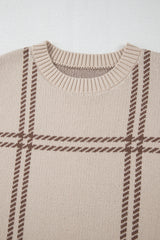 Khaki Plaid Pattern Knitted Drop Shoulder Sweater Sweaters JT's Designer Fashion