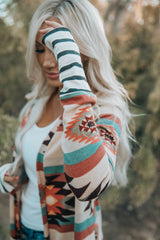 Multicolor Geometric Color Block Open Front Long Cardigan Sweaters & Cardigans JT's Designer Fashion