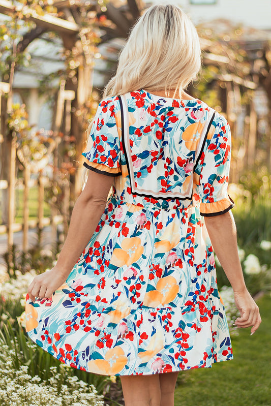 Green Floral Print Zipper Ruffled Short Sleeve High Waist Mini Dress Floral Dresses JT's Designer Fashion