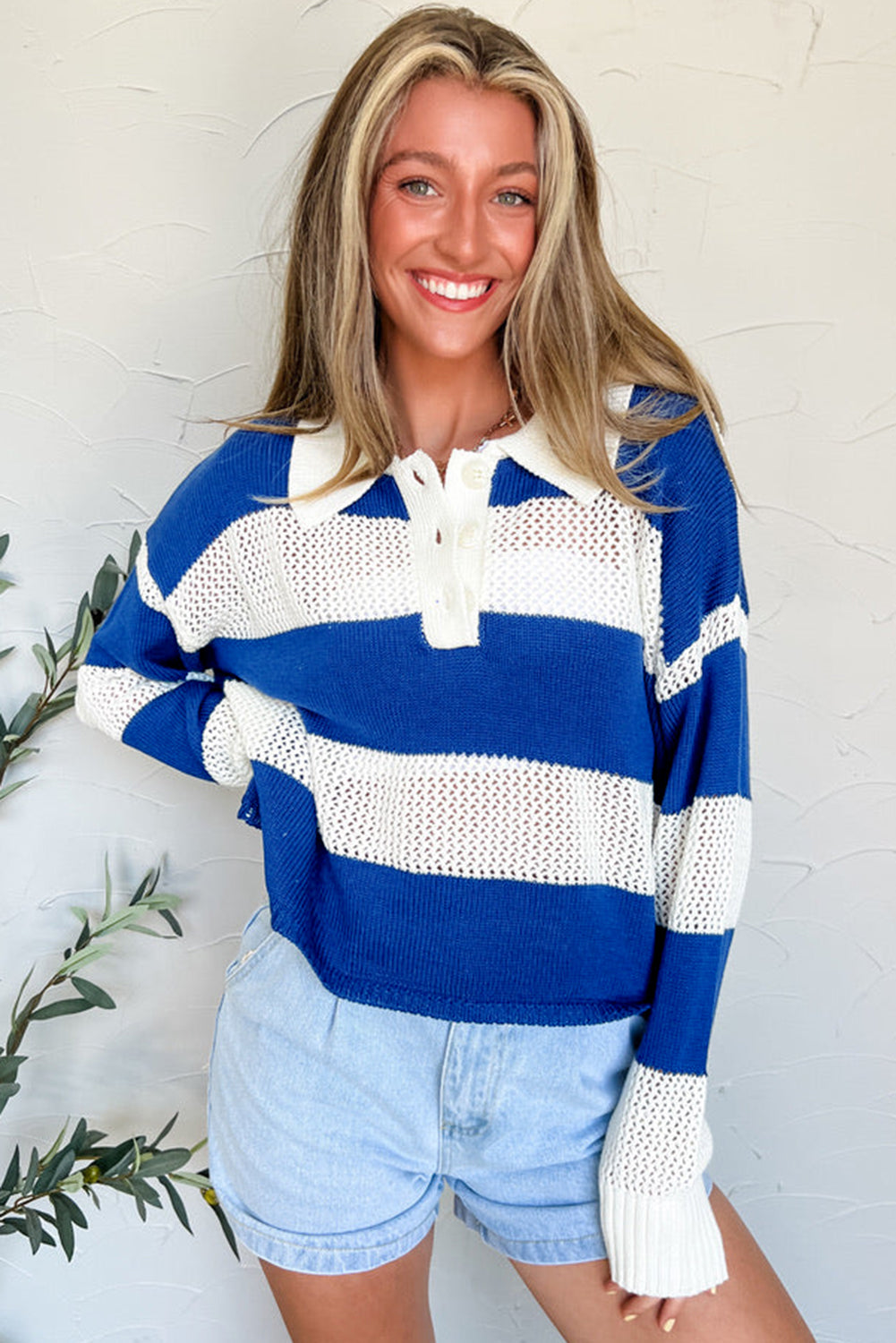 Blue Stripe Colorblock Polo Collar Eyelet Crochet Knitted Sweater Sweaters JT's Designer Fashion