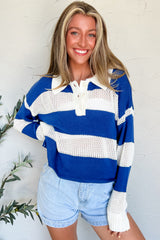 Blue Stripe Colorblock Polo Collar Eyelet Crochet Knitted Sweater Sweaters JT's Designer Fashion