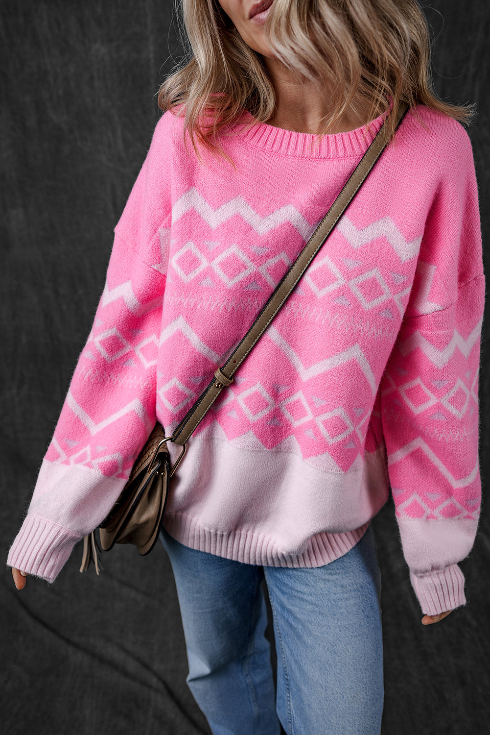 Pink Western Aztec Geometric Drop Shoulder Sweater Sweaters JT's Designer Fashion