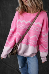 Pink Western Aztec Geometric Drop Shoulder Sweater Sweaters JT's Designer Fashion