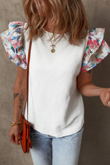 White Abstract Print Tiered Ruffled Sleeve Textured Knit Top Blouses & Shirts JT's Designer Fashion