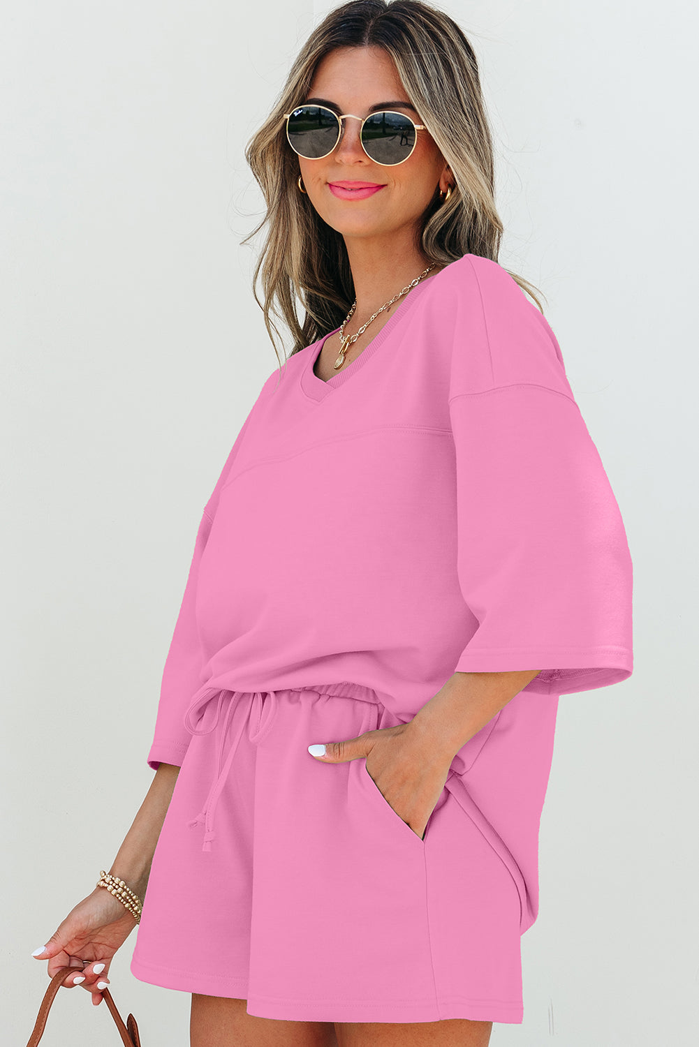 Bonbon Solid Loose V Neck Half Sleeve Tee and Shorts Short Sets JT's Designer Fashion