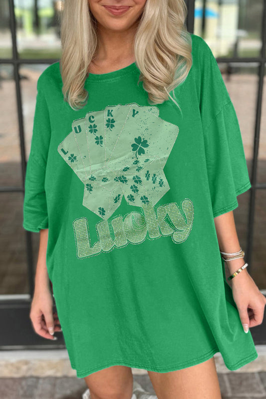 Bright Green Rhinestone Lucky Poker Cards Oversized T Shirt Mini Dress Bright Green 95%Cotton+5%Elastane T Shirt Dresses JT's Designer Fashion