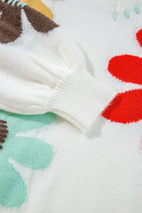 White Big Flower Pattern V Neck Drop Shoulder Sweater Sweaters JT's Designer Fashion