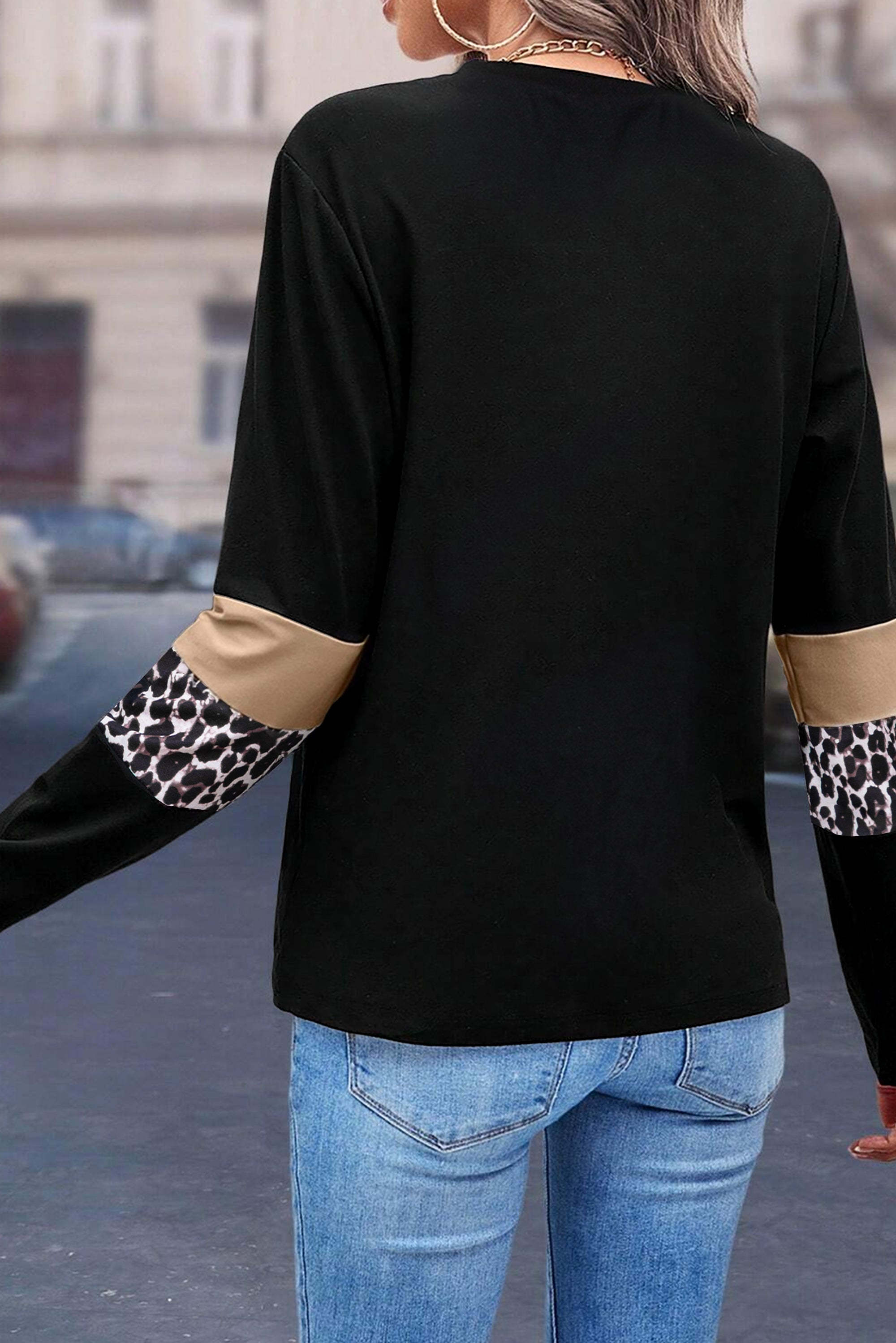 Khaki Leopard Colorblock Patchwork Crew Neck Long Sleeve Tee Long Sleeve Tops JT's Designer Fashion