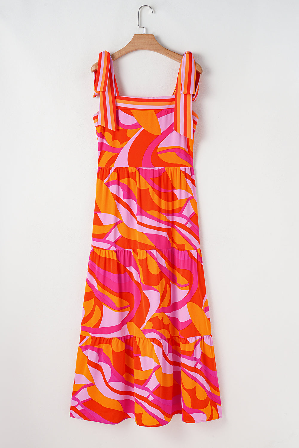 Red Abstract Print Knotted Shoulder High Waist Long Dress Maxi Dresses JT's Designer Fashion