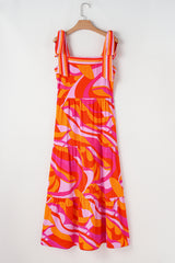 Red Abstract Print Knotted Shoulder High Waist Long Dress Maxi Dresses JT's Designer Fashion