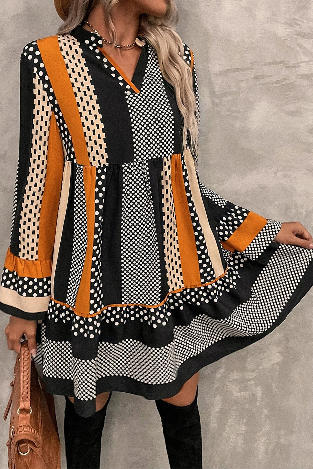 Black Striped Polka Dot Print Ruffled Hem V Neck Mini Dress Mini Dresses JT's Designer Fashion