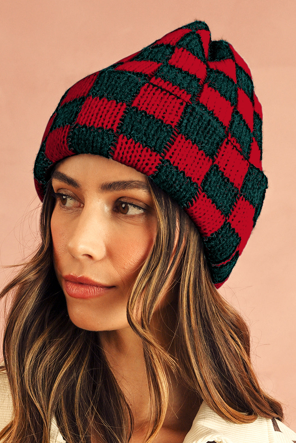 Racing Red Two Tone Checkered Folded Eaveless Beanie Cap Headwear JT's Designer Fashion