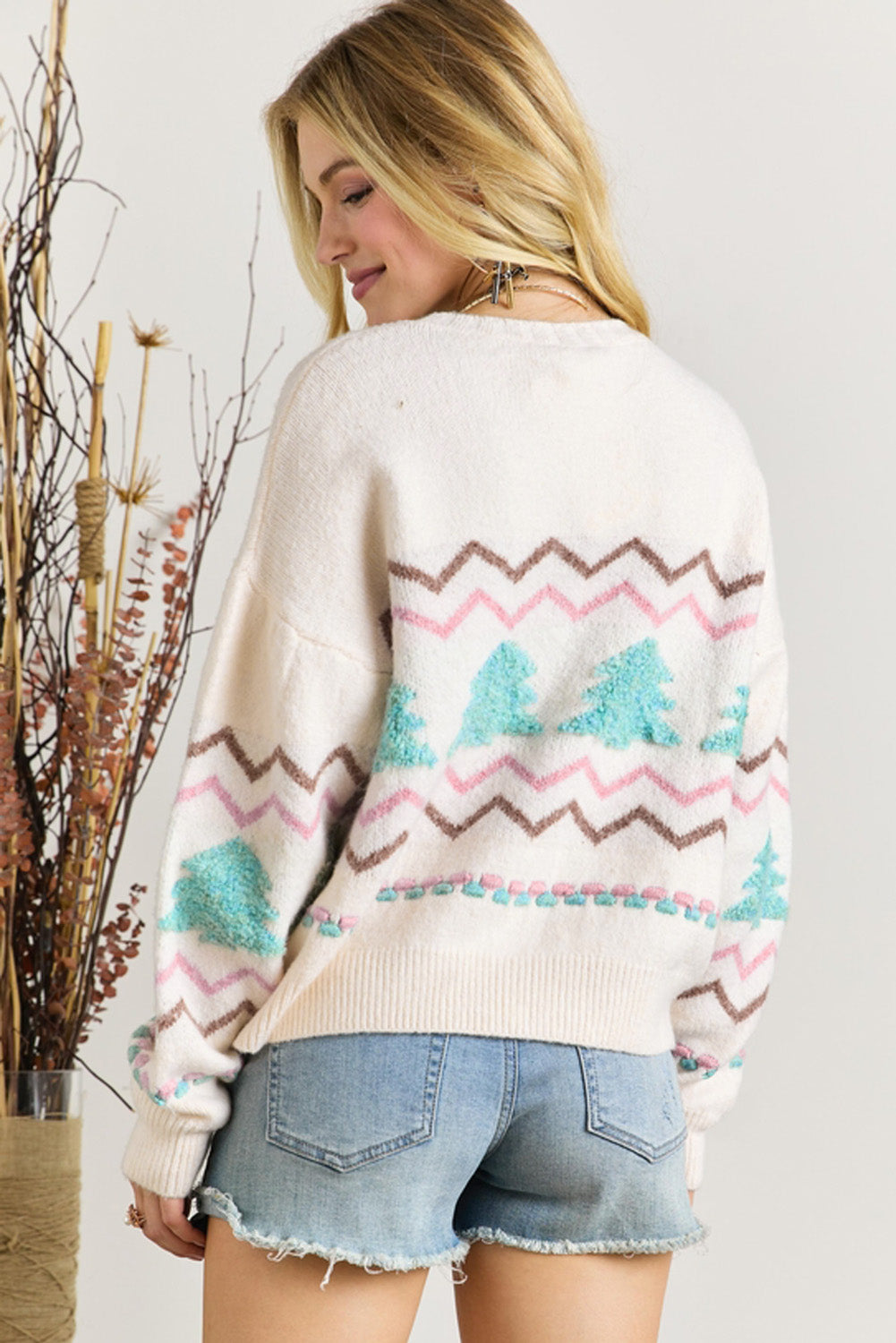 White Striped Christmas Tree Ribbed Trim Drop Shoulder Sweater Sweaters JT's Designer Fashion