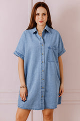 Dusk Blue Short Sleeve Pocketed Button up Denim Tunic Dress Mini Dresses JT's Designer Fashion