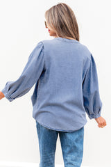 Myosotis Denim Front Pintuck Bow Tie Puff Sleeve Top Blouses & Shirts JT's Designer Fashion