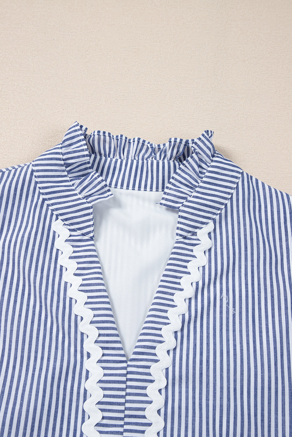 Blue Stripe Sleeveless Notched V Neck Contrast Ric Rac Mini Dress Mini Dresses JT's Designer Fashion