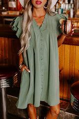 Mist Green Ruffle Sleeve V Neck Frilled Shift Dress Dresses JT's Designer Fashion