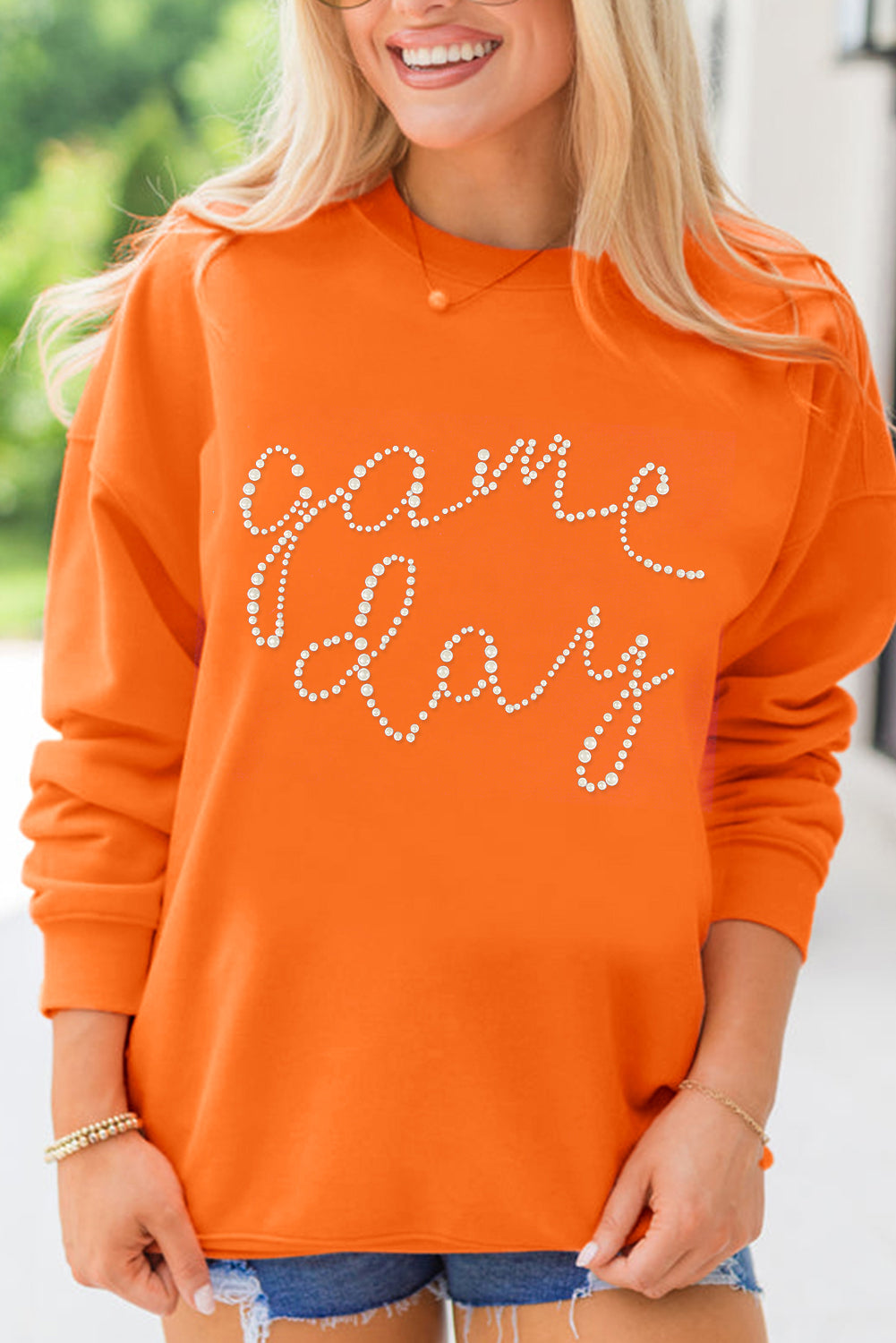 Orange Rhinestone game day Pattern Drop Shoulder Sweatshirt Orange 50%Polyester+50%Cotton Graphic Sweatshirts JT's Designer Fashion