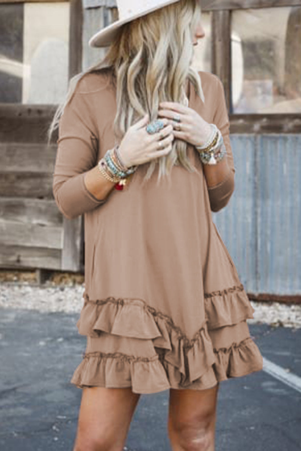 Goat Scoop Neck Tiered Ruffled Hem Long Sleeve Mini Dress Mini Dresses JT's Designer Fashion