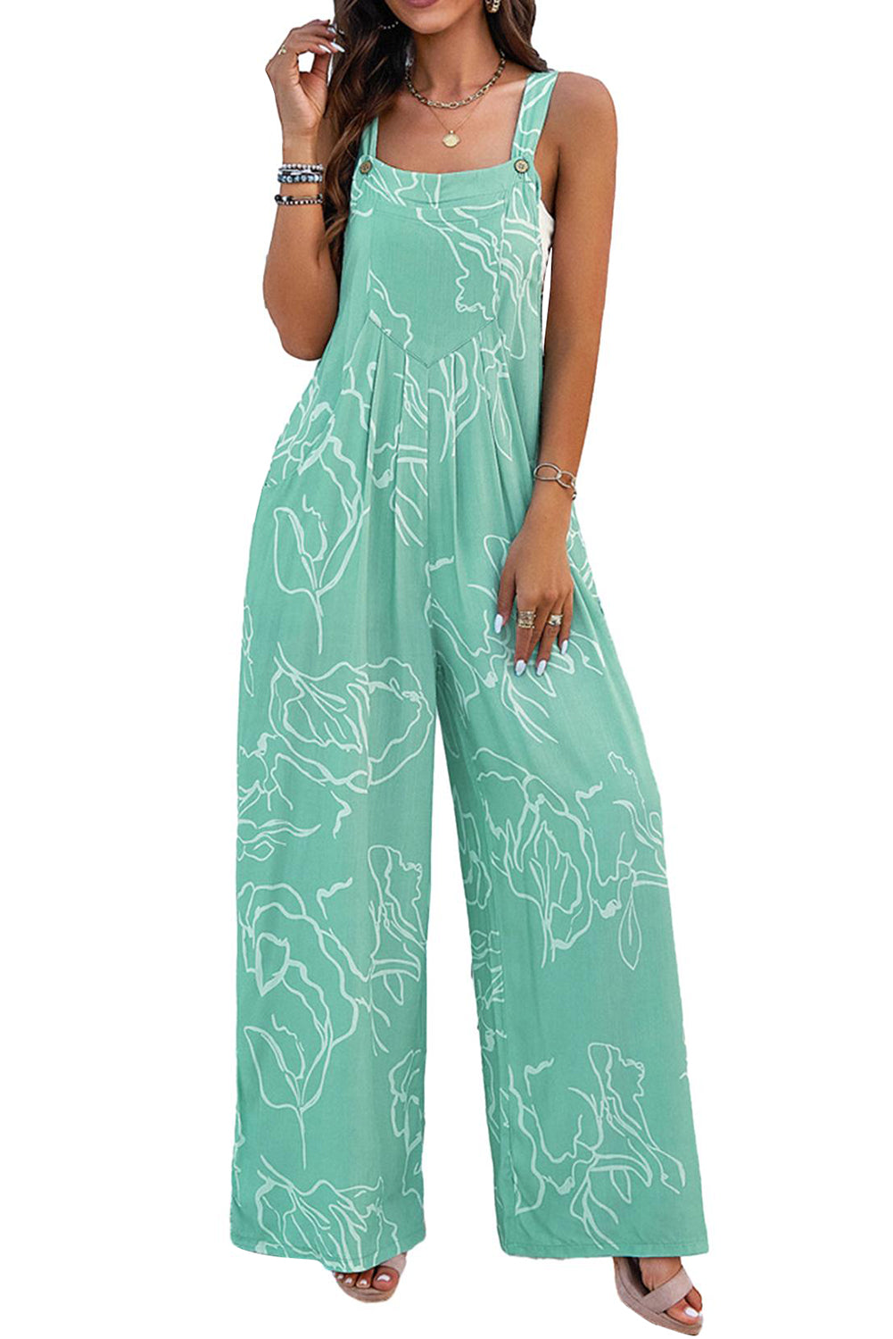 Moonlight Jade Printed Bib Wide Leg Overalls Jumpsuits & Rompers JT's Designer Fashion