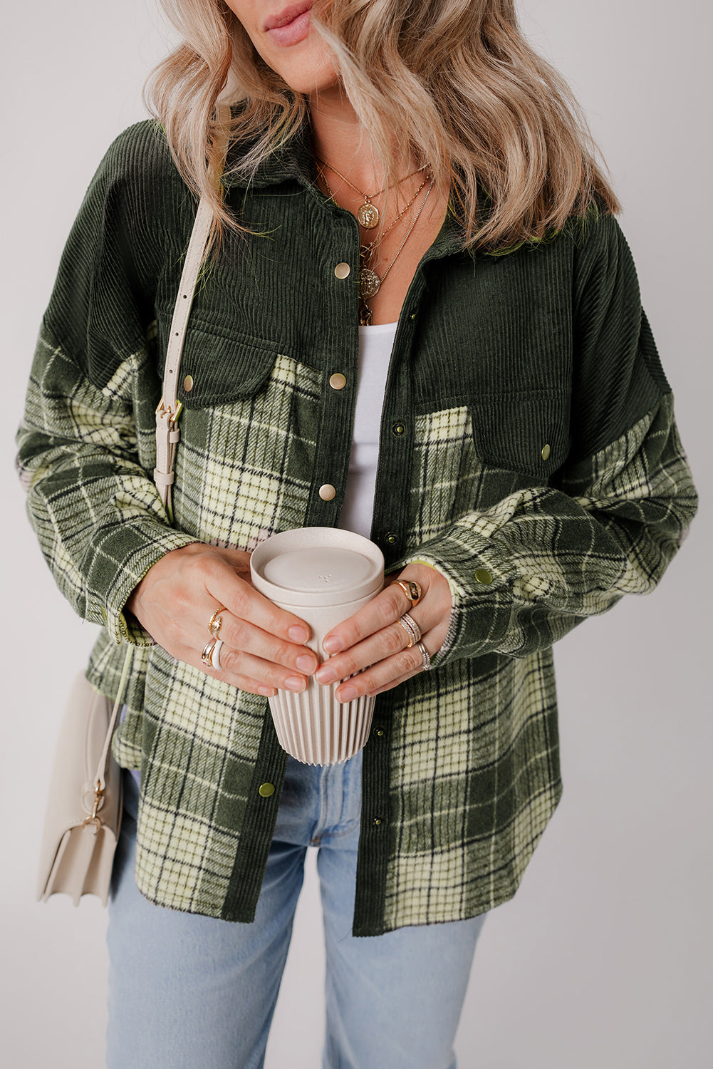 Blackish Green Snap Buttons Colorblock Plaid Shacket Plaid Shackets JT's Designer Fashion