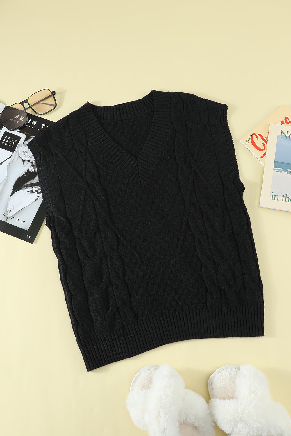 Black V-Neck Twist Knitted Vest Sweater Sweaters & Cardigans JT's Designer Fashion