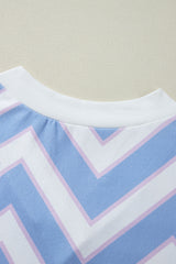 Sky Blue Zigzag Striped Print V Neck Oversized Top Long Sleeve Tops JT's Designer Fashion