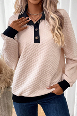 Oatmeal Textured Colorblock Edge Buttoned Collar Sweatshirt Sweatshirts & Hoodies JT's Designer Fashion