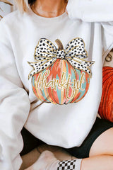Beige Polka Dot Bow Knot Pumpkin Print Thanksgiving Sweatshirt Graphic Sweatshirts JT's Designer Fashion
