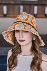 Beige Boho Flower Crochet Wide Brim Buckle Hat Hats & Caps JT's Designer Fashion