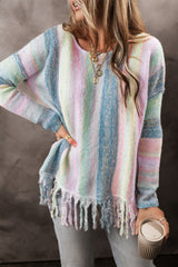 Purple Color Block Fringed Drop Shoulder Tunic Sweater Sweaters JT's Designer Fashion
