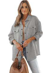Gray Solid Textured Flap Pocket Buttoned Shacket Jackets JT's Designer Fashion