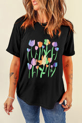 Black Floral Print Crewneck T Shirt Graphic Tees JT's Designer Fashion